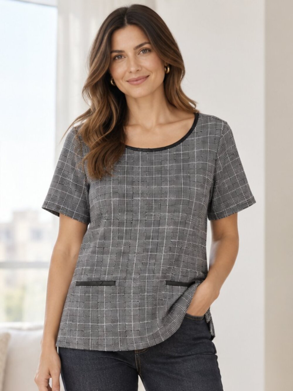 Le Château Grey Plaid Knit Tunic Top L | Tags Attached—Collar Flaw